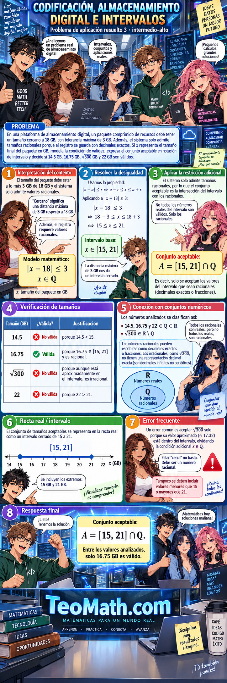 Problema de aplicación de almacenamiento digital con intervalo, valor absoluto y restricción de números racionales