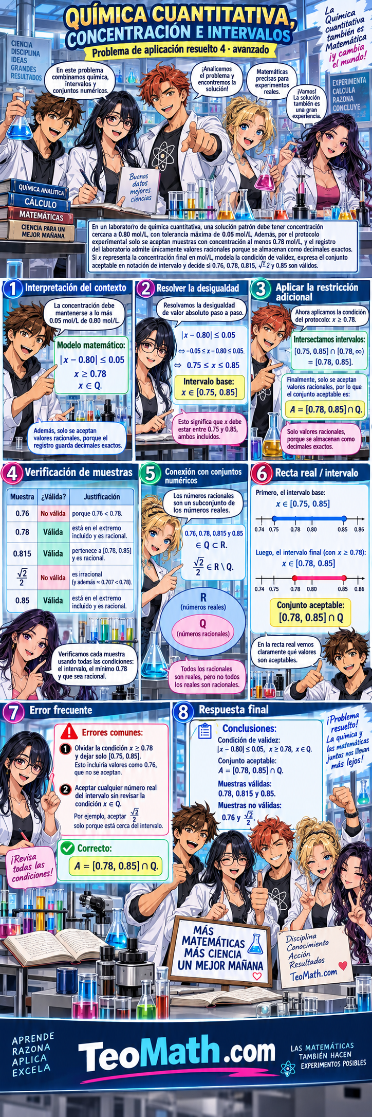 Problema avanzado de química cuantitativa con valor absoluto, intervalos, racionalidad y verificación de muestras