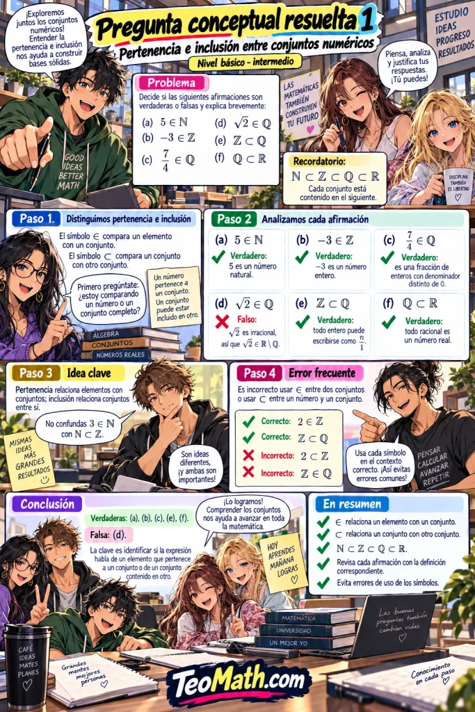 Lámina vertical estilo manga shonen sobre pertenencia e inclusión entre conjuntos numéricos con resolución conceptual paso a paso.