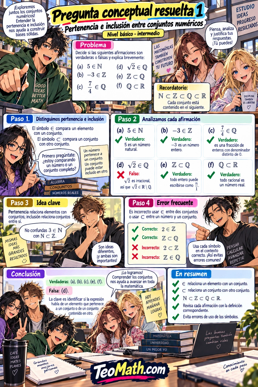 Lámina vertical estilo manga shonen sobre pertenencia e inclusión entre conjuntos numéricos con resolución conceptual paso a paso.