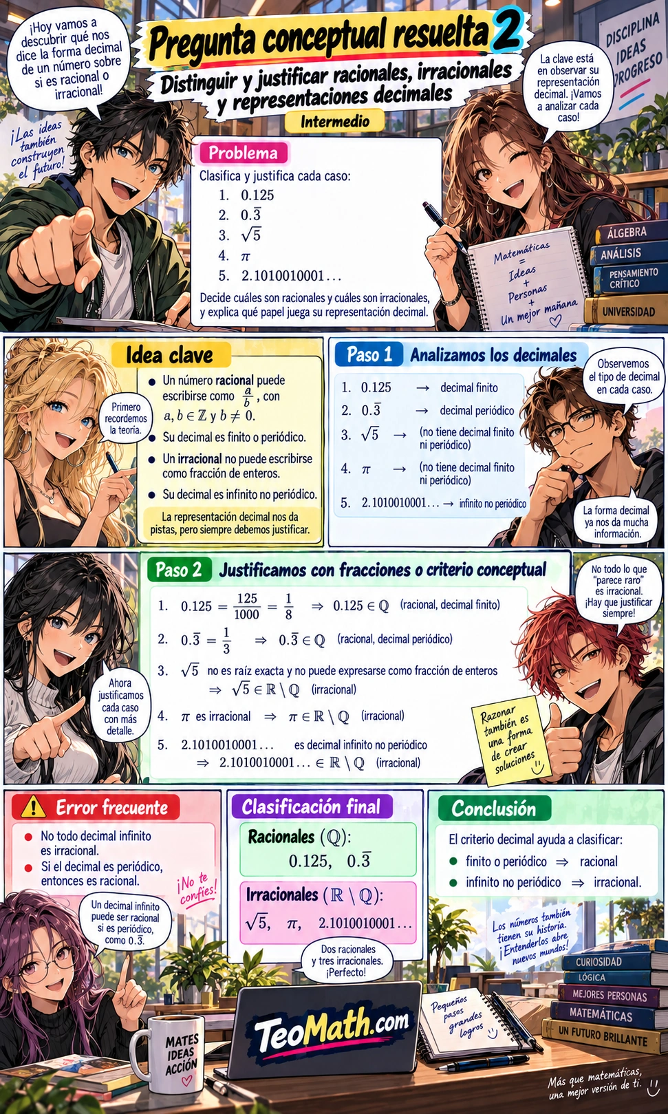 Lámina vertical estilo manga shonen que clasifica y justifica números racionales e irracionales a partir de su representación decimal.