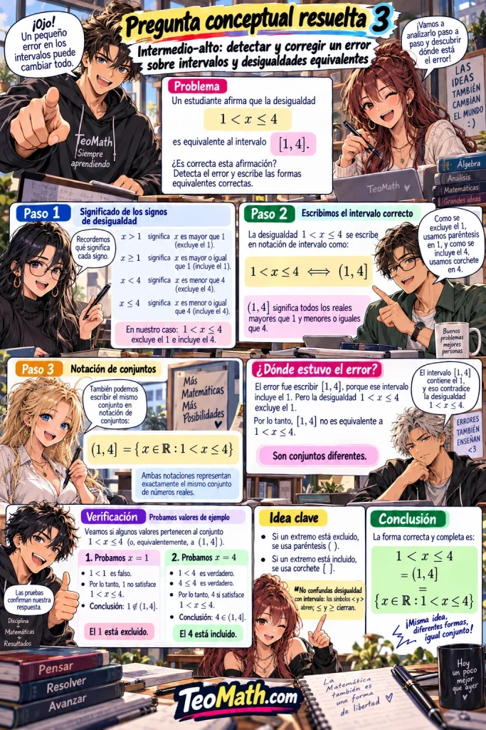 Lámina vertical estilo manga shonen que detecta y corrige un error sobre intervalos y desigualdades equivalentes.
