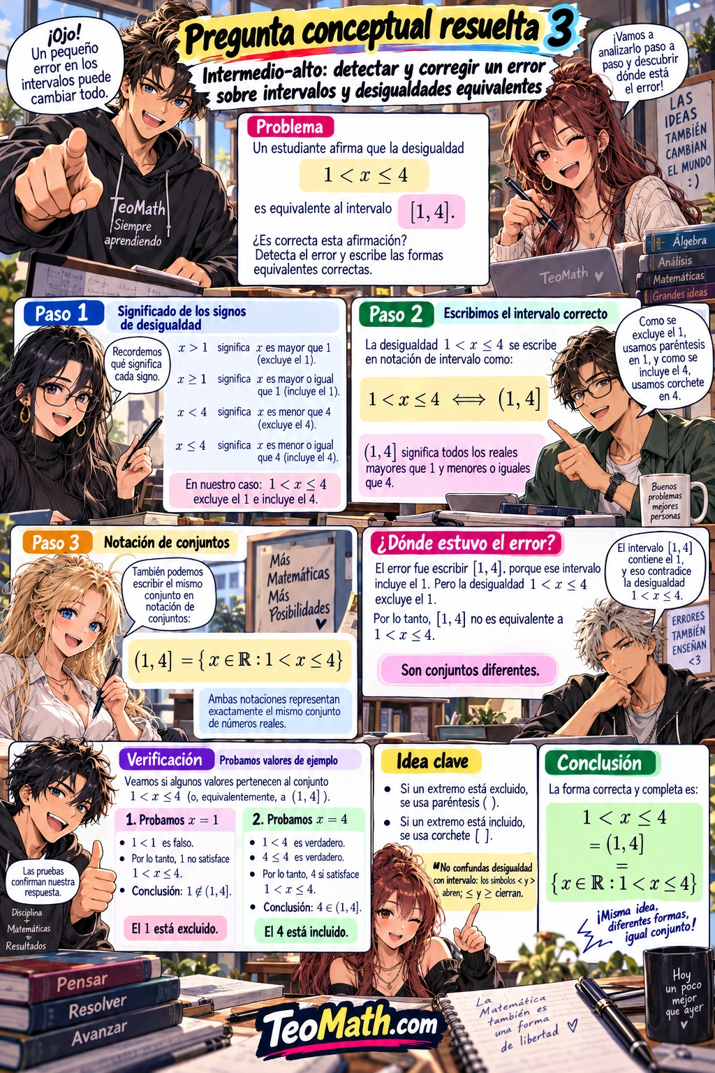Lámina vertical estilo manga shonen que detecta y corrige un error sobre intervalos y desigualdades equivalentes.