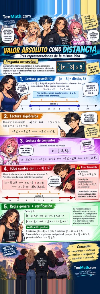 Infografía manga de Precálculo que compara valor absoluto como distancia, desigualdad e intervalo en la recta real.