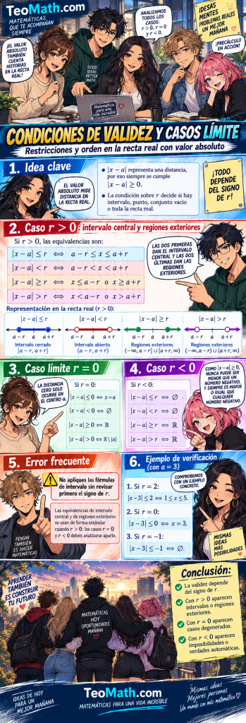 Infografía manga de Precálculo sobre condiciones de validez y casos límite de desigualdades con valor absoluto en la recta real.