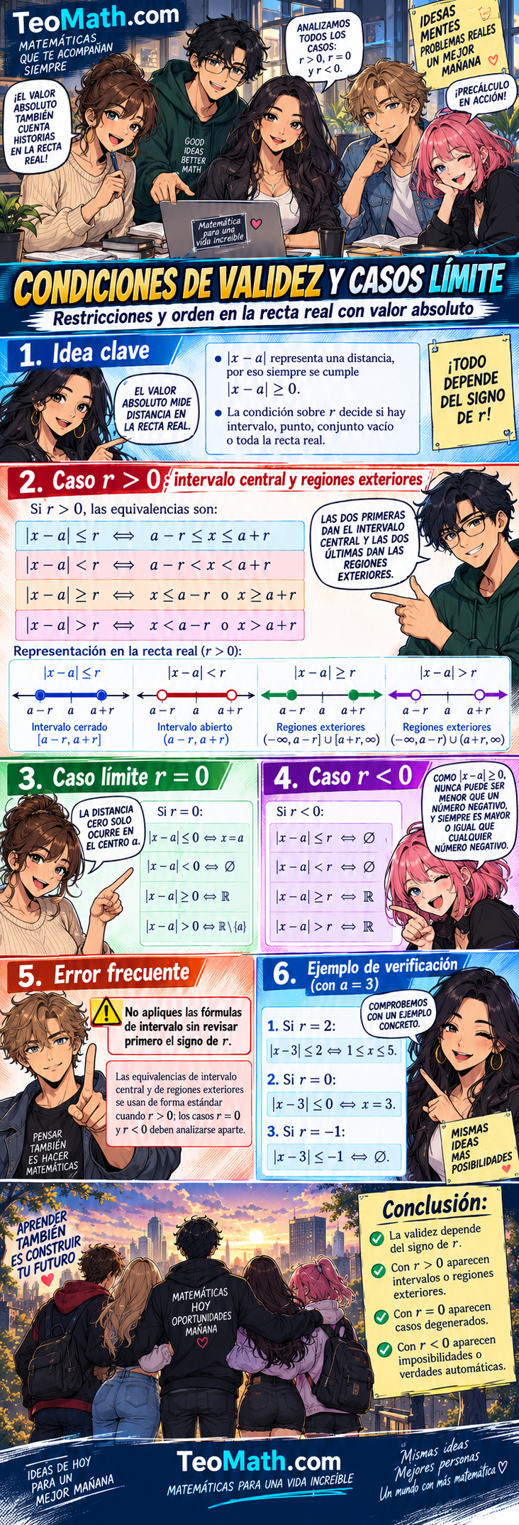Infografía manga de Precálculo sobre condiciones de validez y casos límite de desigualdades con valor absoluto en la recta real.