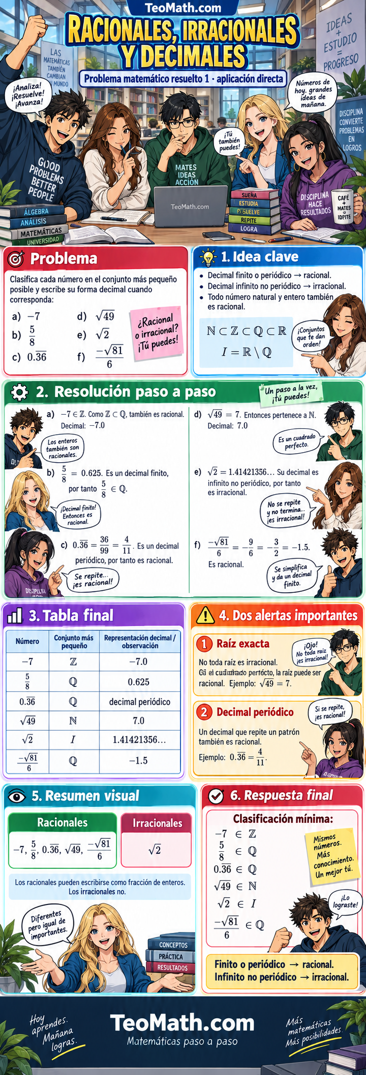 Infografía manga de Precálculo sobre clasificación de números racionales, irracionales y representaciones decimales.