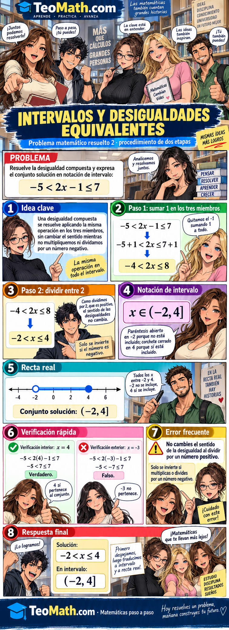 Infografía manga de Precálculo sobre intervalos y desigualdades equivalentes resueltos paso a paso.
