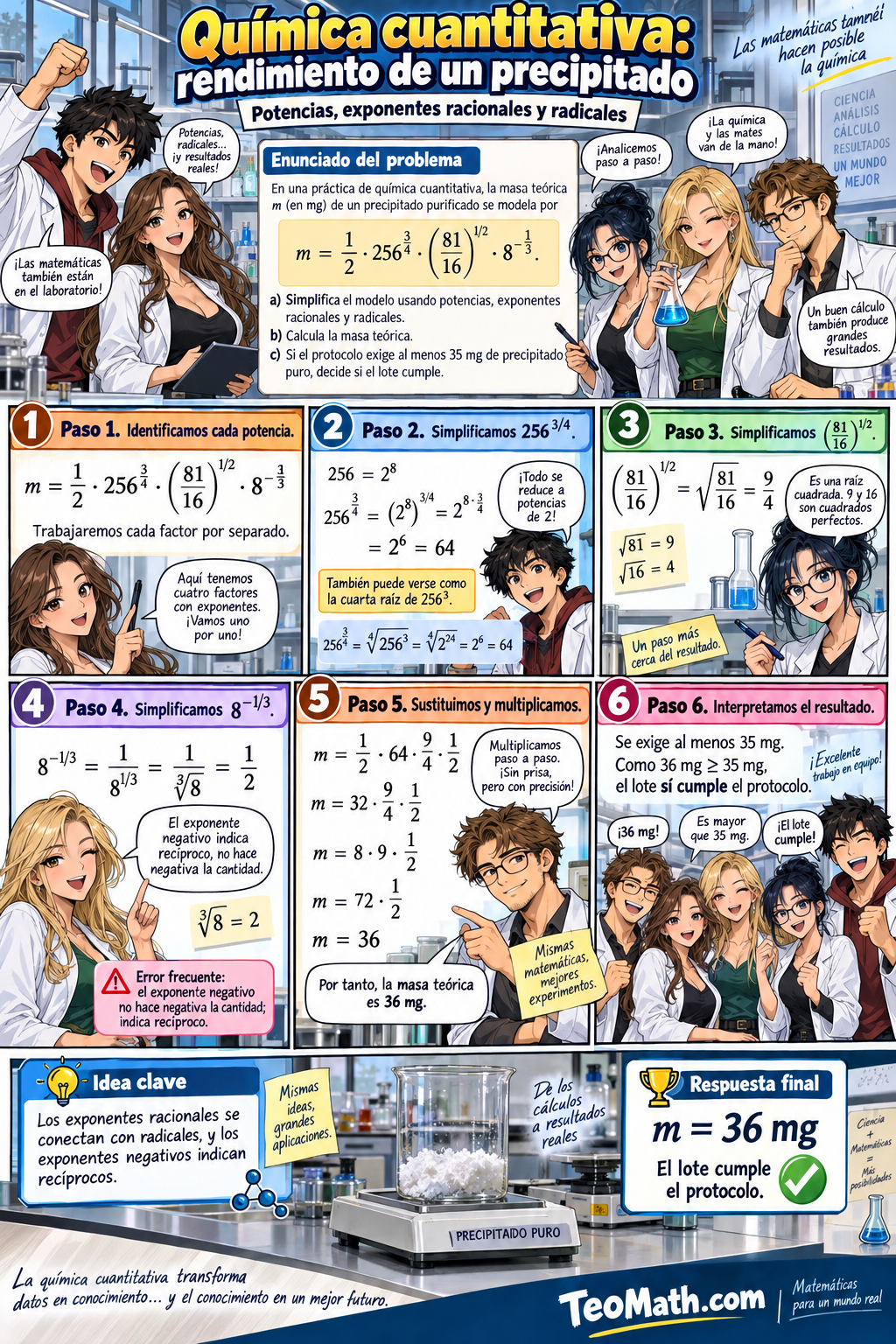 Problema resuelto de química cuantitativa con potencias, exponentes racionales y radicales para calcular la masa de un precipitado.