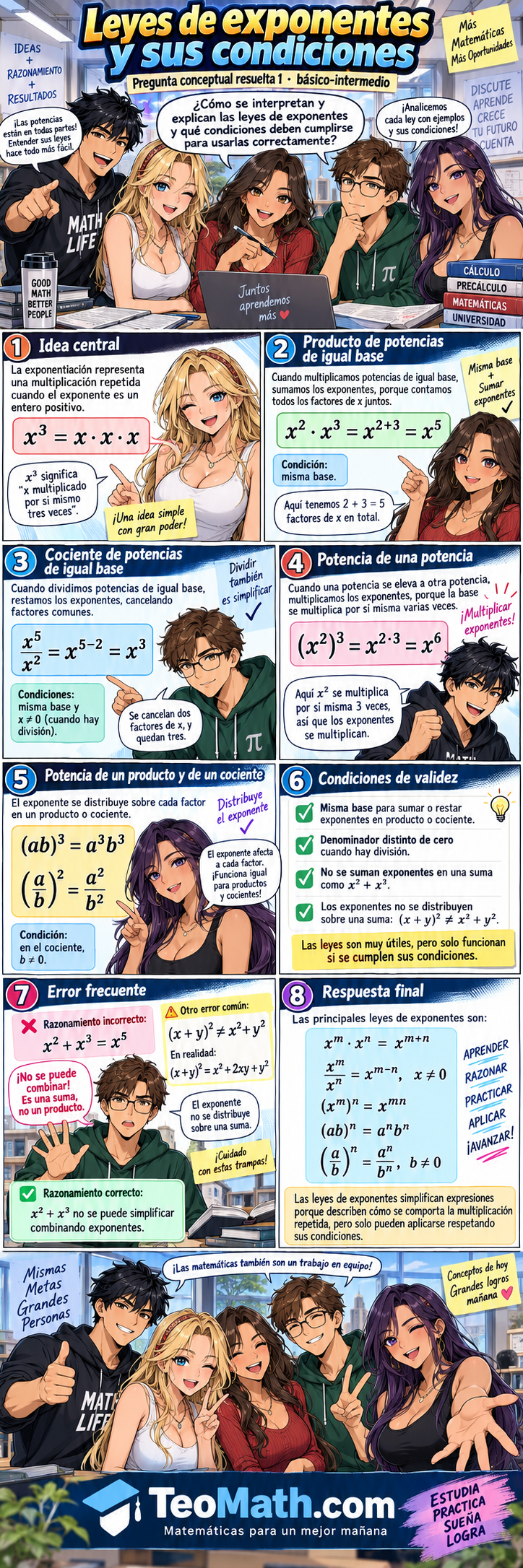 Pregunta conceptual resuelta sobre leyes de exponentes, propiedades y condiciones de validez