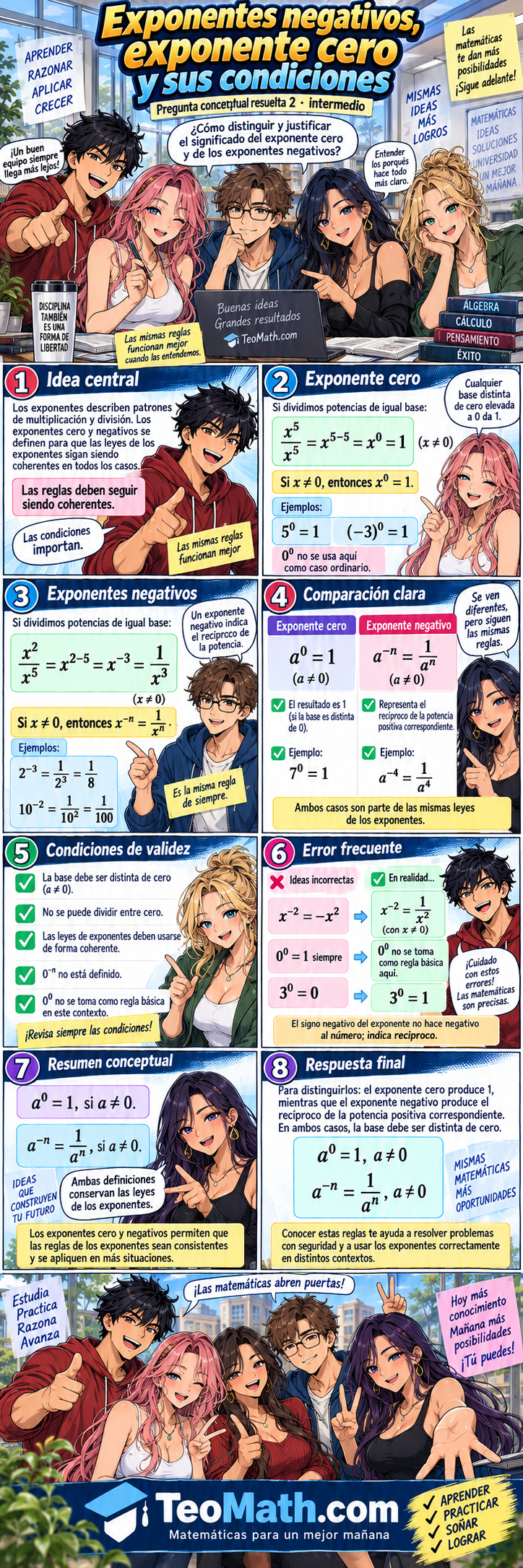 Pregunta conceptual resuelta sobre exponentes negativos, exponente cero y condiciones de validez