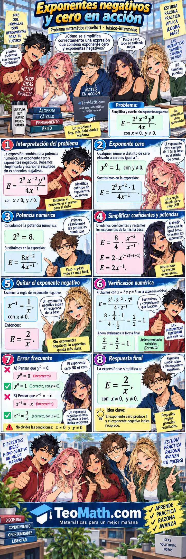 Problema resuelto de exponentes negativos y cero con simplificación y verificación numérica