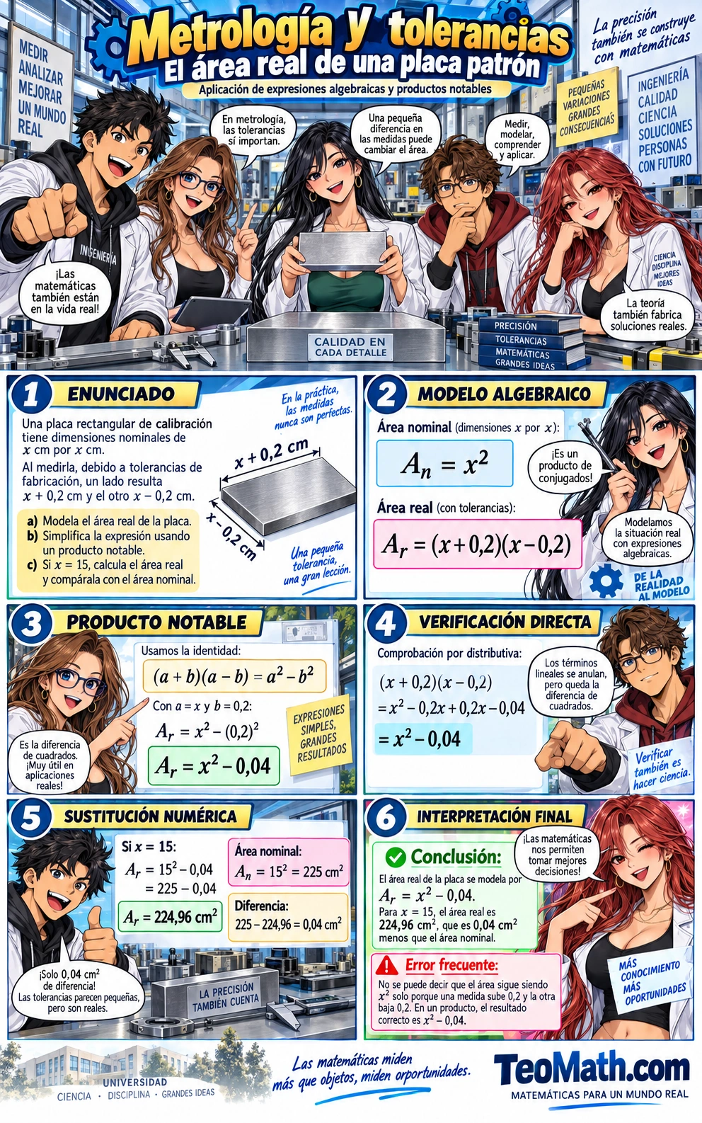 Cinco estudiantes universitarios resuelven un problema de metrología y tolerancias con una placa rectangular y productos notables.