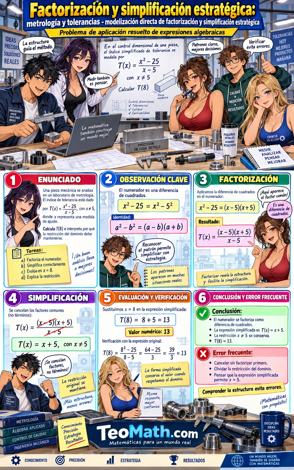 Cinco estudiantes universitarios resuelven un problema de metrología y tolerancias usando diferencia de cuadrados y simplificación estratégica.