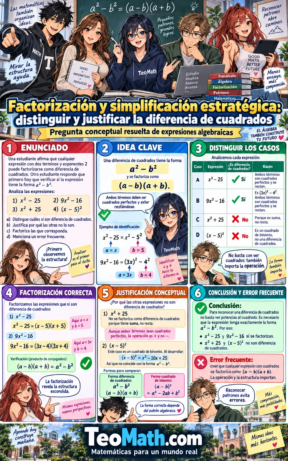 Cinco estudiantes universitarios explican cómo reconocer y factorizar diferencias de cuadrados mediante ejemplos y contraejemplos.