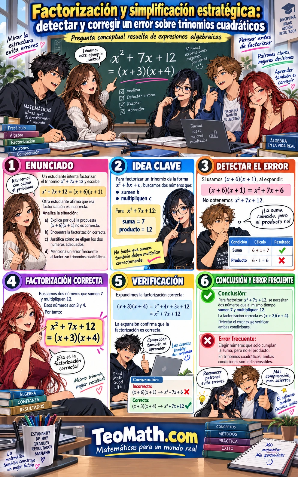 Cinco estudiantes universitarios explican cómo detectar y corregir un error al factorizar el trinomio x² + 7x + 12.