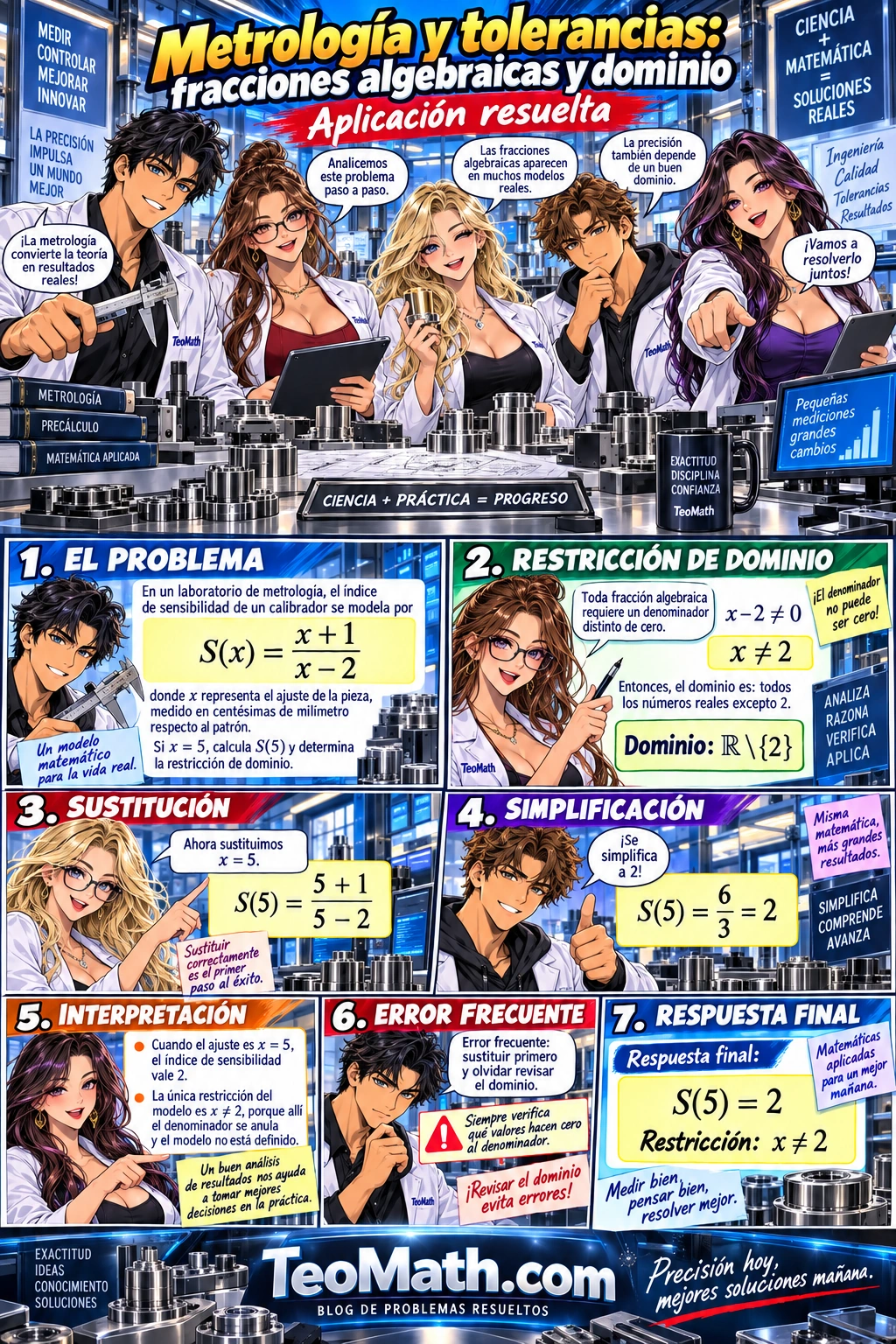 Aplicación resuelta de fracciones algebraicas y restricciones de dominio en un laboratorio de metrología, con evaluación de S(5) y restricción x distinto de 2.