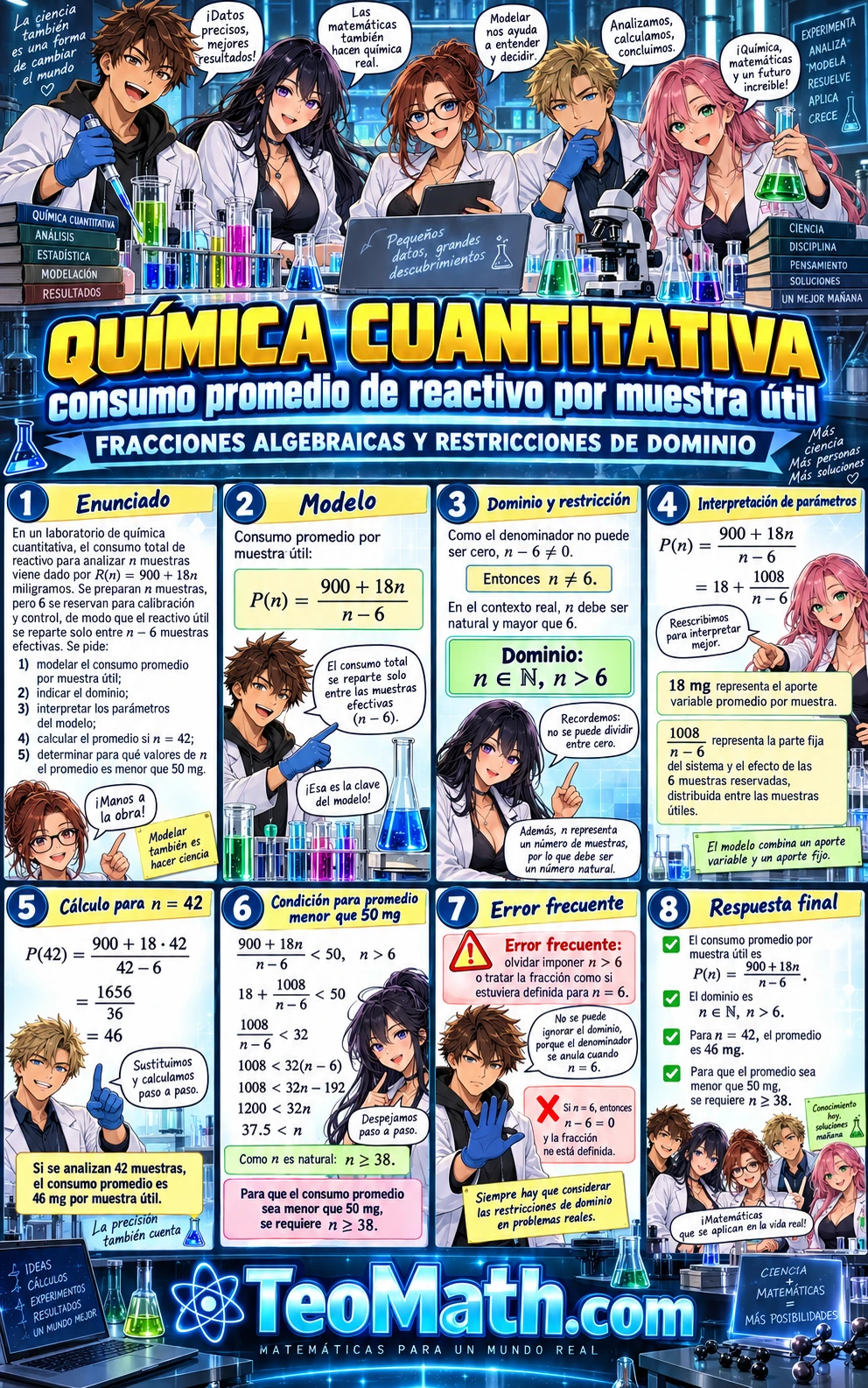 Lámina shonen de Precálculo sobre fracciones algebraicas aplicadas a química cuantitativa, con cinco estudiantes universitarios explicando el consumo promedio de reactivo, el dominio y una condición de eficiencia.