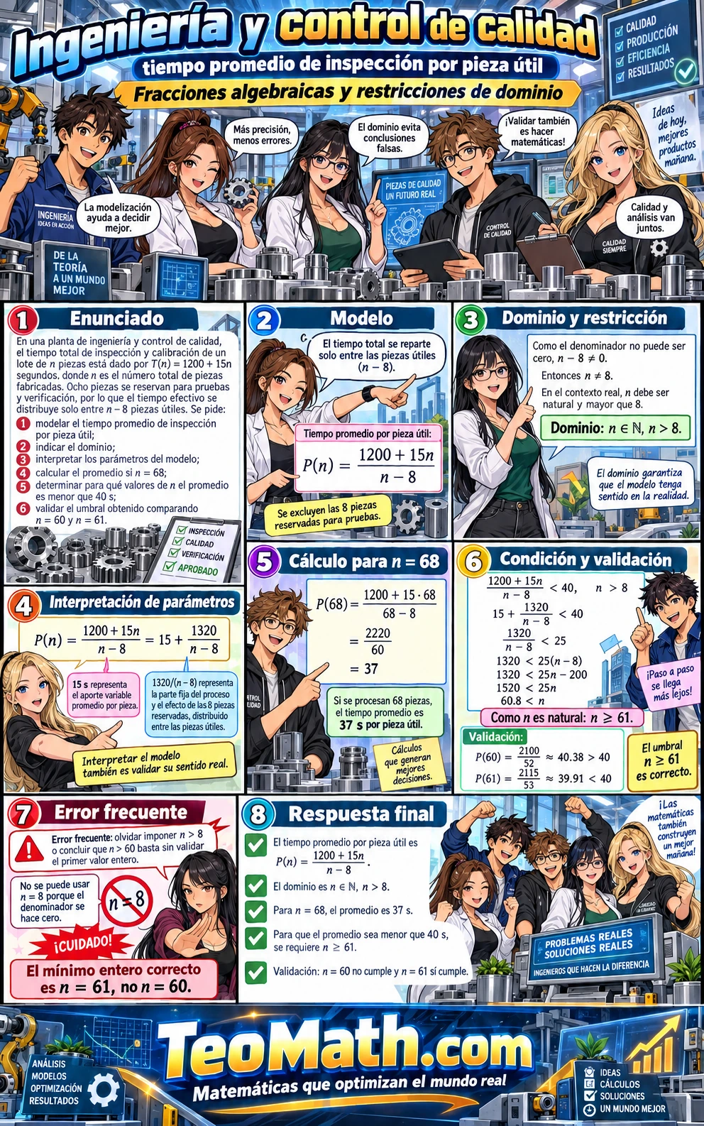 Lámina shonen de Precálculo sobre fracciones algebraicas aplicadas a ingeniería y control de calidad, con cinco estudiantes universitarios explicando el tiempo promedio por pieza útil, el dominio y la validación de un umbral.