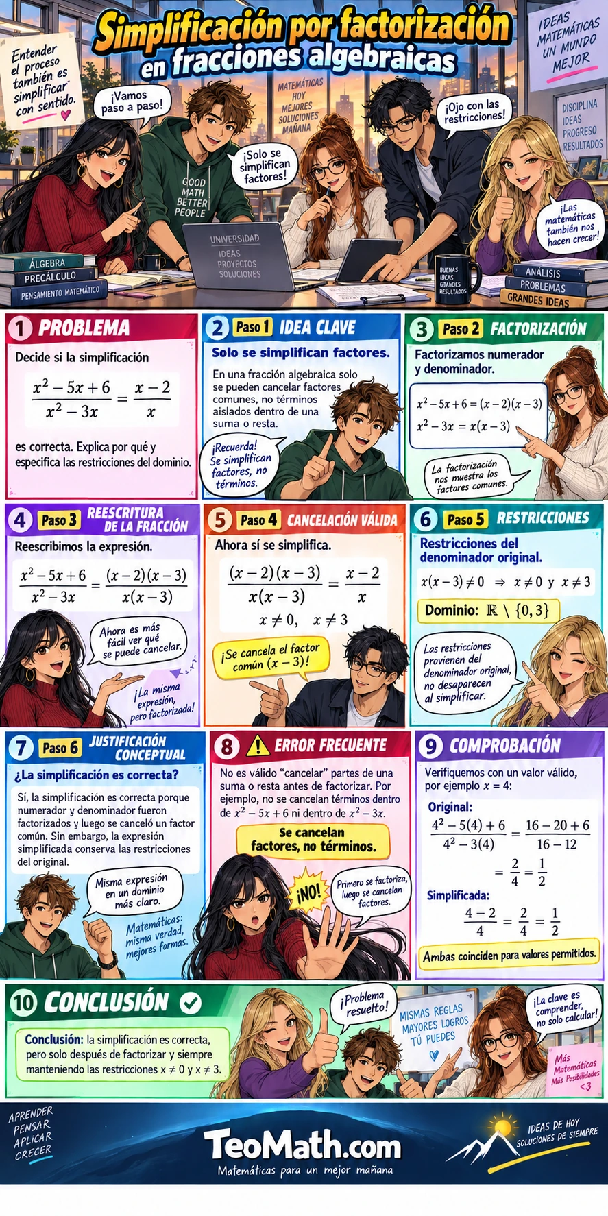 Lámina shonen sobre simplificación por factorización en fracciones algebraicas con restricciones de dominio y cinco estudiantes universitarios