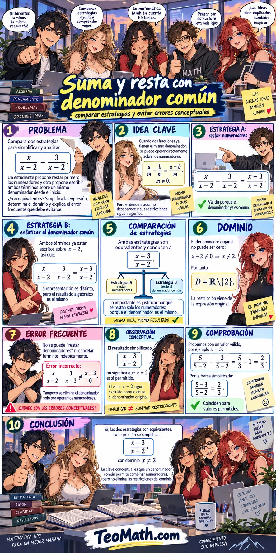 Lámina shonen sobre suma y resta de fracciones algebraicas con denominador común, dominio y cinco estudiantes comparando estrategias