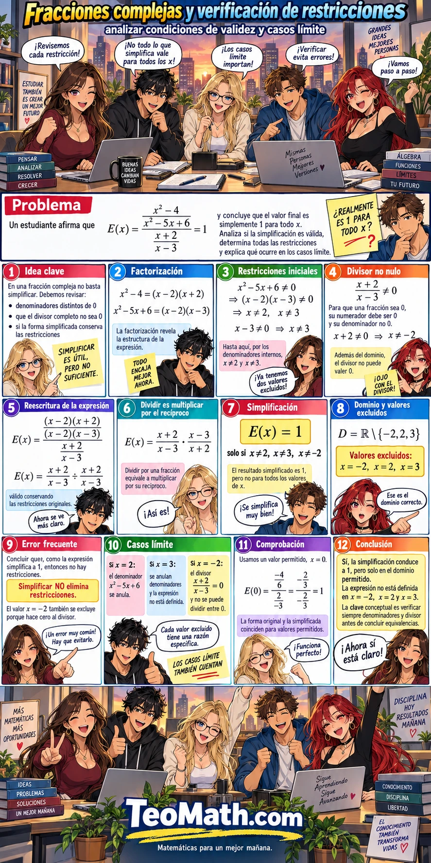 Fracciones algebraicas complejas resueltas paso a paso con restricciones de dominio, valores excluidos y verificación de casos límite.