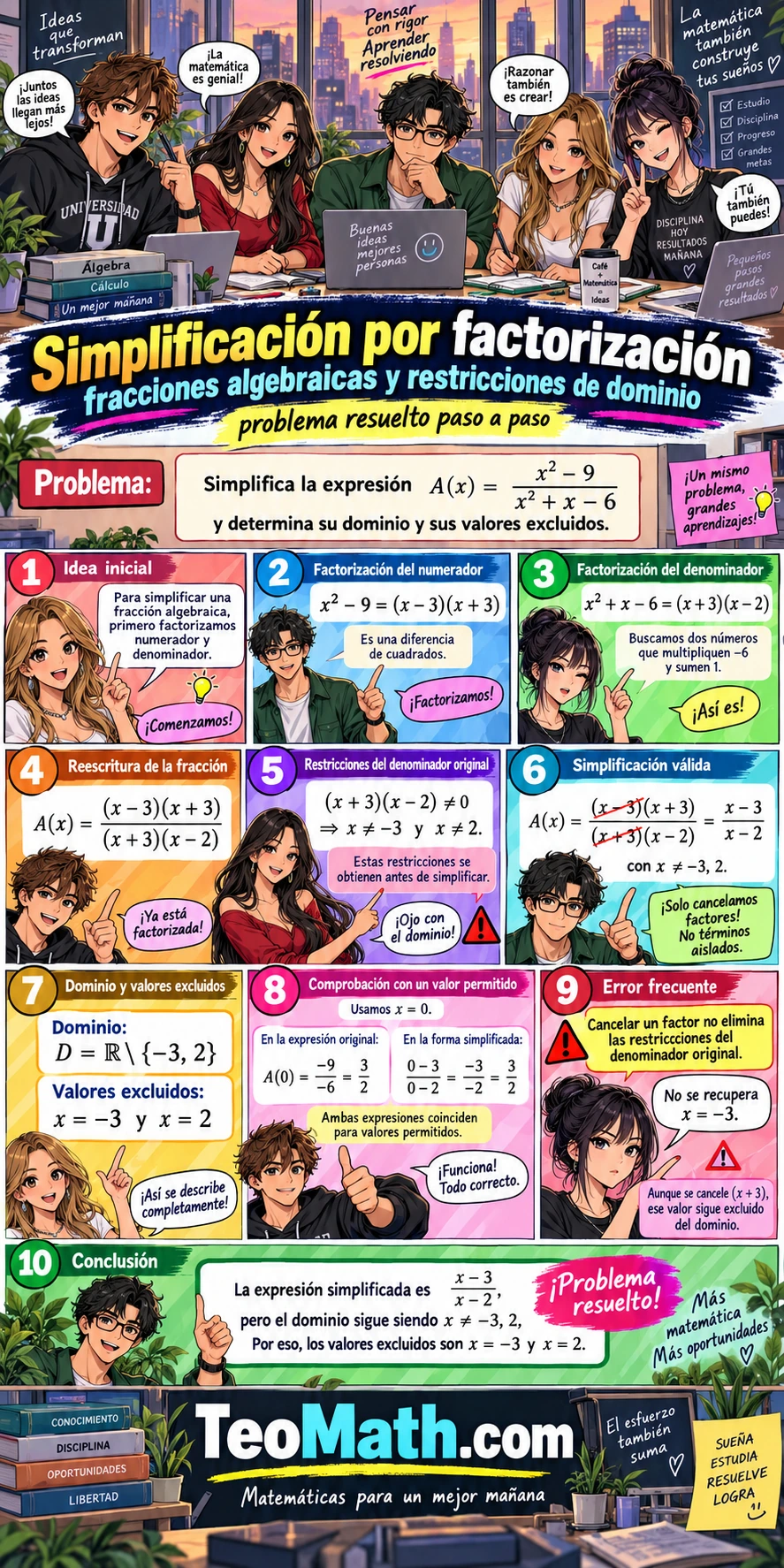 Problema resuelto de simplificación por factorización de una fracción algebraica con dominio y valores excluidos.