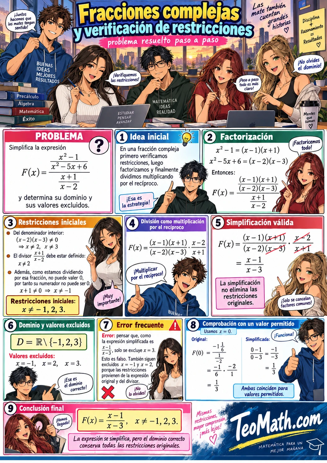 Problema resuelto de fracción algebraica compleja con factorización, dominio, valores excluidos y verificación.