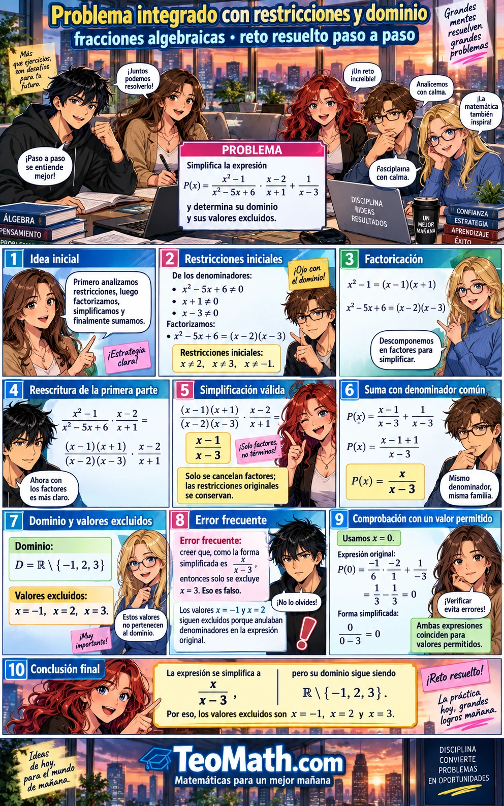 Problema resuelto de fracciones algebraicas con restricciones de dominio explicado por cinco estudiantes universitarios en estilo manga shonen.