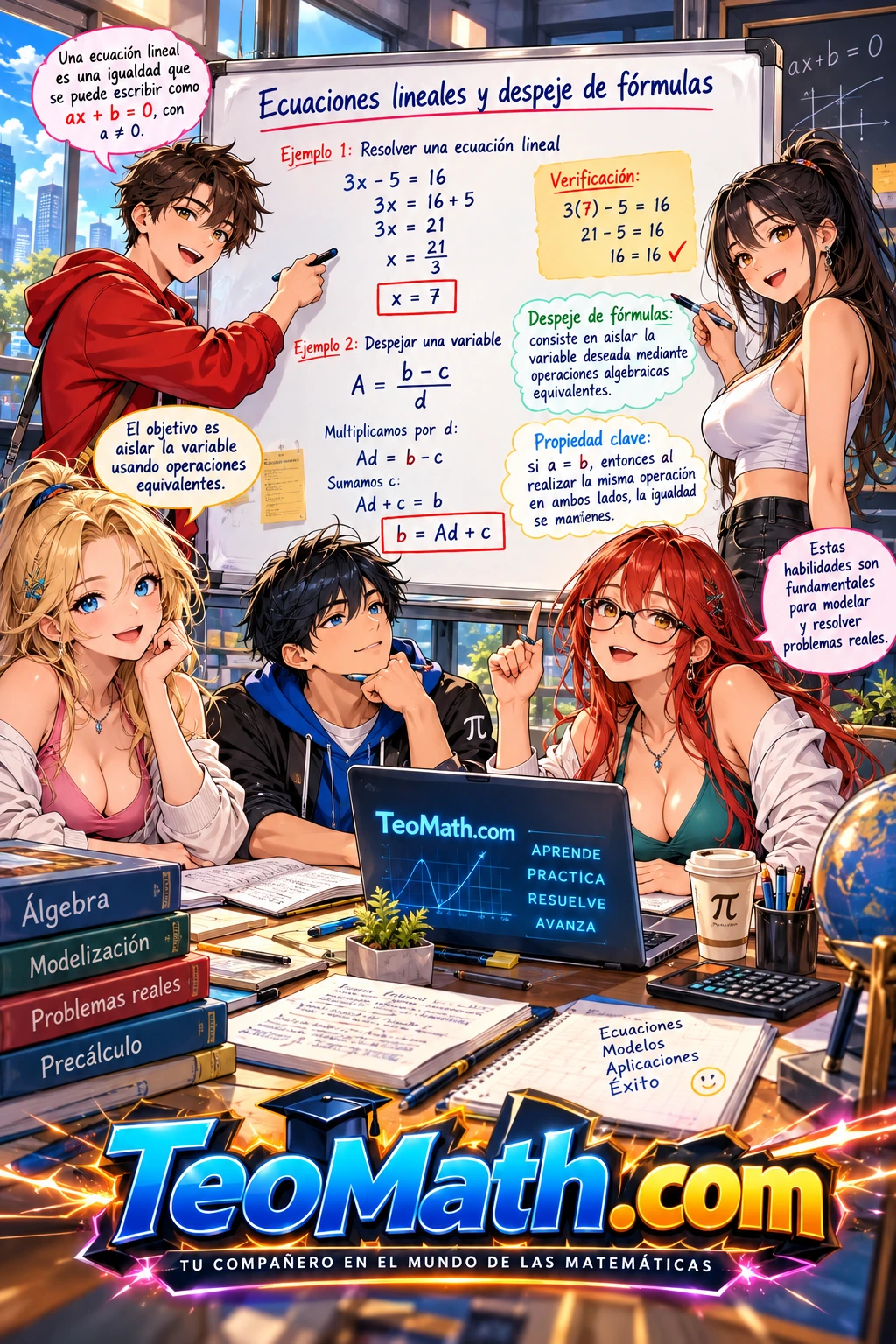 Lámina shonen de Precálculo sobre el principio de equivalencia en ecuaciones lineales y despeje de fórmulas, con cinco estudiantes universitarios explicando operaciones equivalentes y verificaciones.