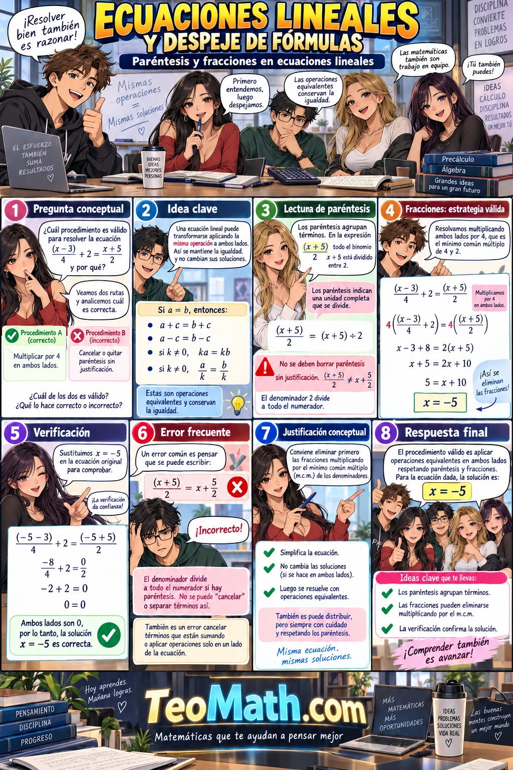 Lámina shonen de Precálculo sobre paréntesis y fracciones en ecuaciones lineales, con cinco estudiantes universitarios comparando procedimientos, resolviendo una ecuación y verificando la solución.