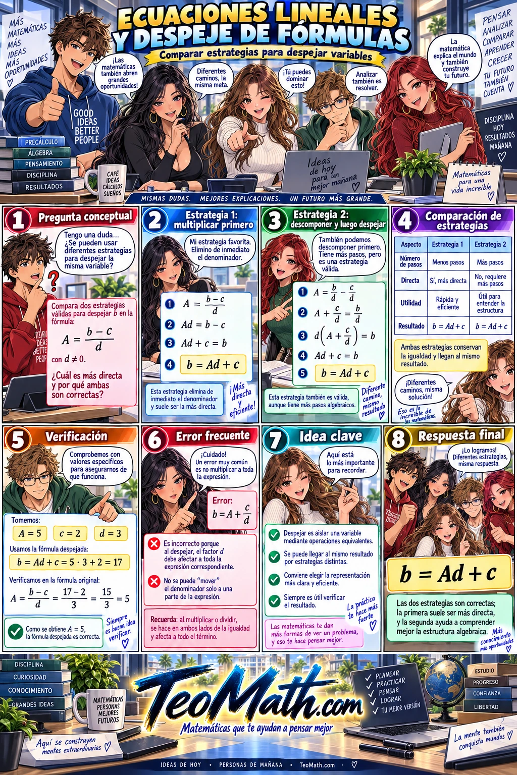 Lámina shonen de Precálculo sobre estrategias para despejar variables en fórmulas, con cinco estudiantes universitarios comparando dos métodos equivalentes y verificando el resultado.