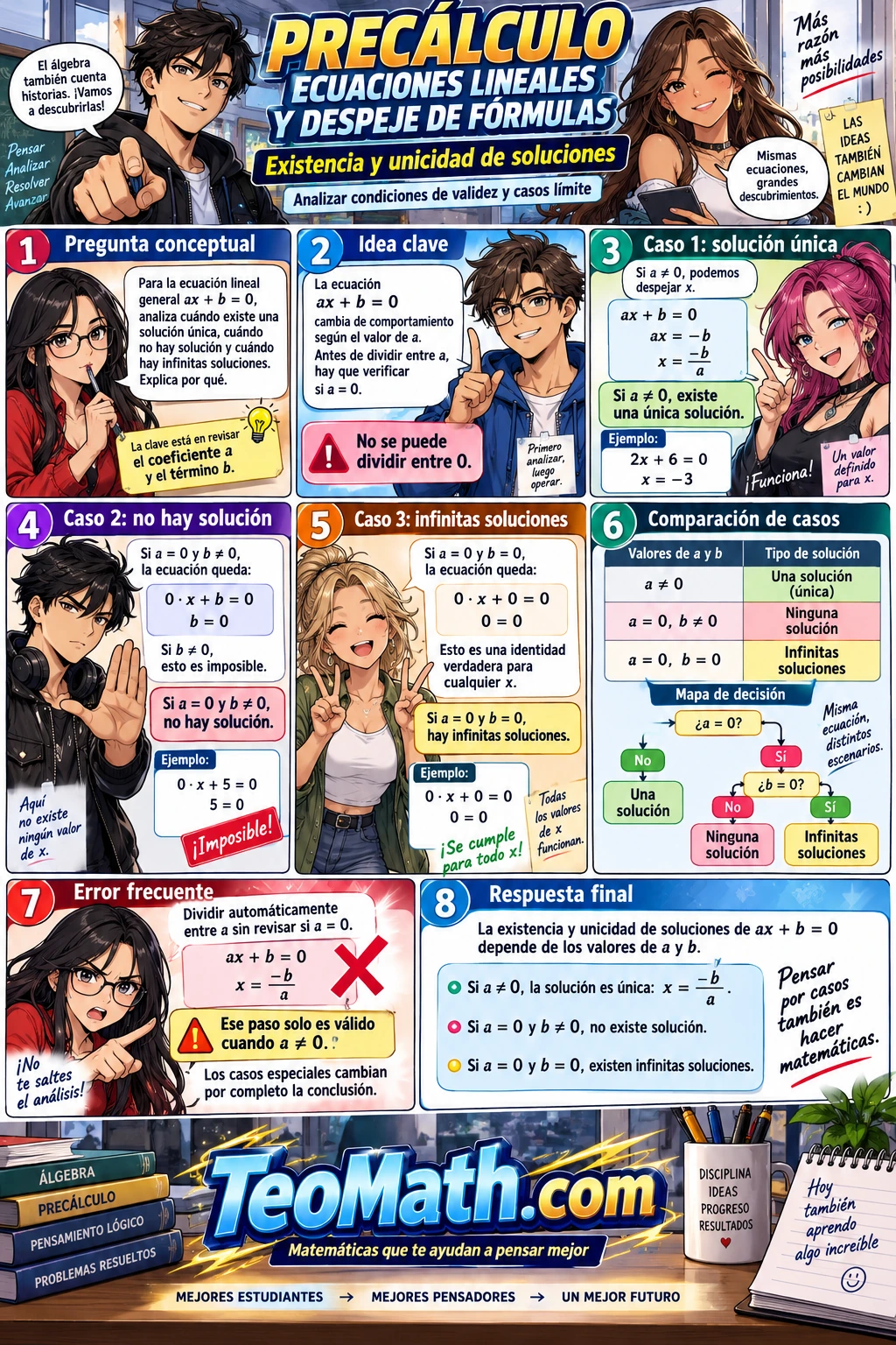 Lámina shonen de Precálculo sobre existencia y unicidad de soluciones en ax+b=0, con cinco estudiantes universitarios explicando los casos a distinto de cero, a igual a cero y el papel de b.