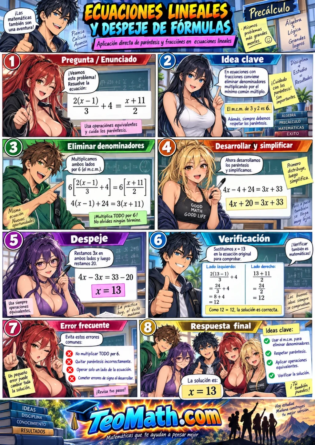 Lámina shonen de Precálculo que resuelve una ecuación lineal con paréntesis y fracciones, con cinco estudiantes universitarios explicando eliminación de denominadores, despeje y verificación.