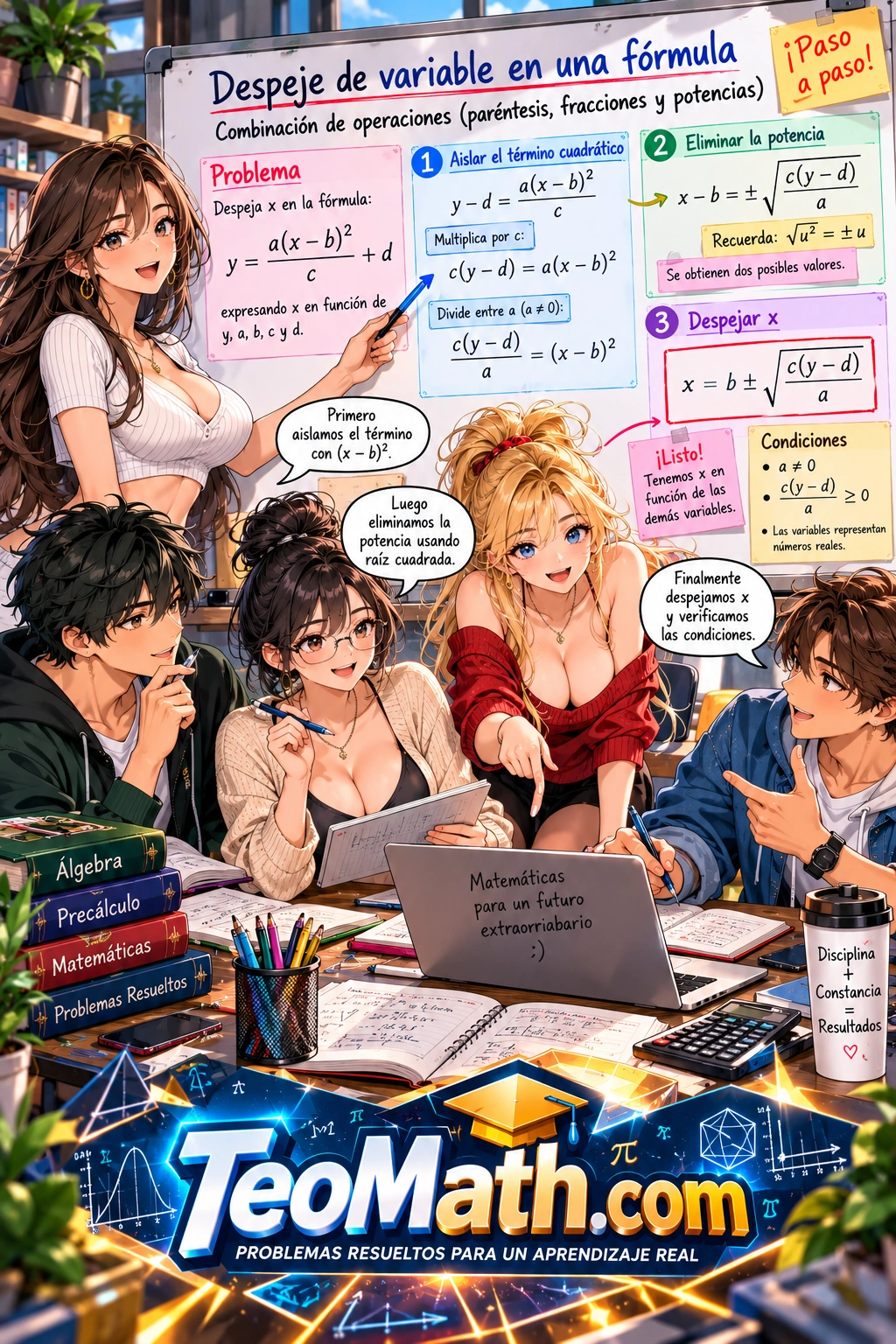 Lámina shonen de TeoMath sobre despeje de x en una fórmula con potencia, con condiciones para existencia y unicidad de soluciones reales.